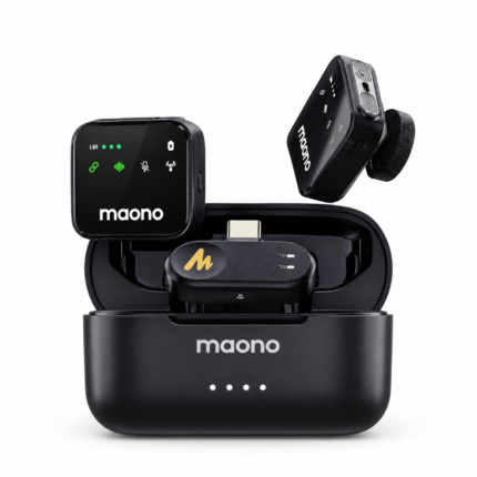 Maono WAVE T1 Plus PC2 AI Wireless Lavalier Microphone System (Dual Mic, USB-C) with Charging Case | Wireless Clip-on Mic for Phone & Tablet